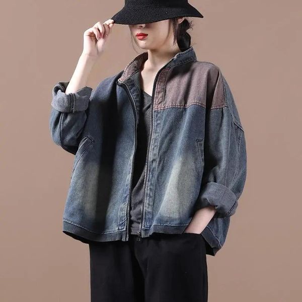 

women's jackets oversized women casual denim autumn vintage stand collar patchwork color loose female plus size outerwear coats, Black;brown