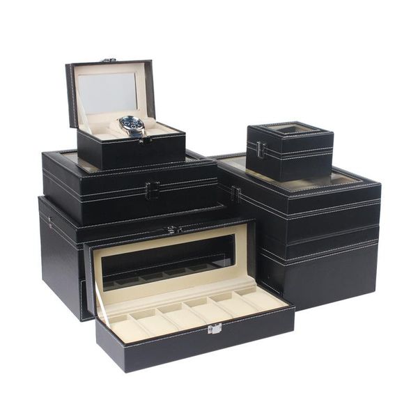 

watch boxes & cases black storage men's leather display luxury watches case packaging pillow jewelry organizer gift, Black;blue