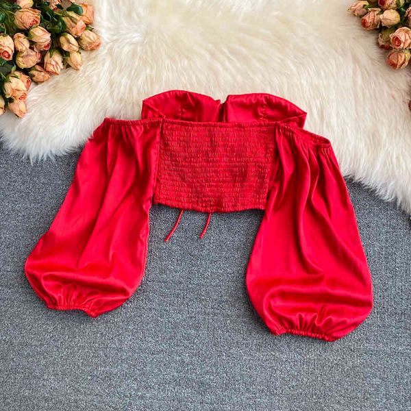 

off shoulder shirt women slash neck lace up bubble sleeve short open navel chic summer korean solid fashion, White
