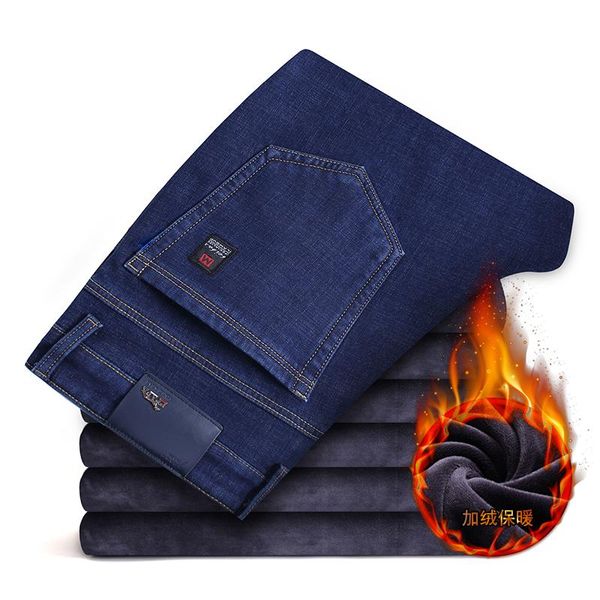 

men's jeans fall/winter stretch straight fashion casual denim plus velvet warm trousers/high-quality large-size thick man, Blue
