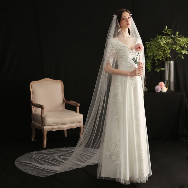 

v655 elegant chapel bridal veil lace appliqued soft tulle white wedding headdress with two-comb for bride travel studio p, Black
