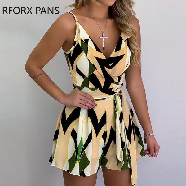 

geo print spaghetti strap belted romper casual look for women, Black;white