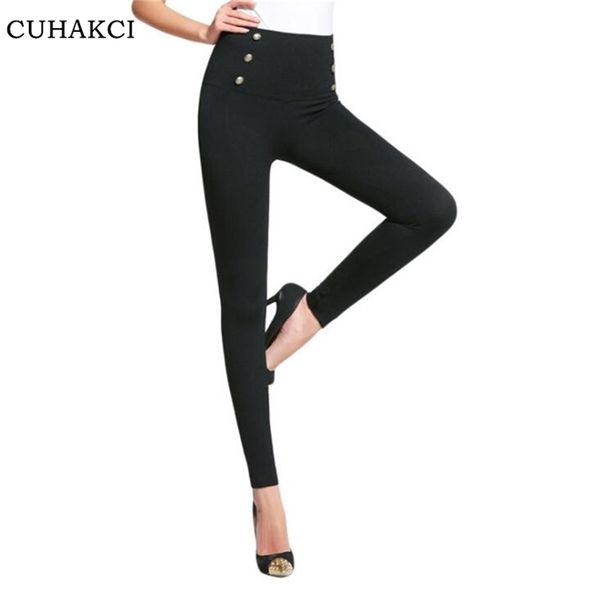 Cuhakci mulheres lápis calças de treino alta cintura sexy zipper top preto botão magro decoração venda leggings 211204