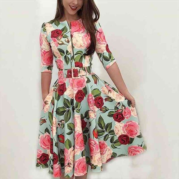 

womens dresses floral printed half sleeve zipper up front belted skater swing dress evening party summer dress, Black;gray