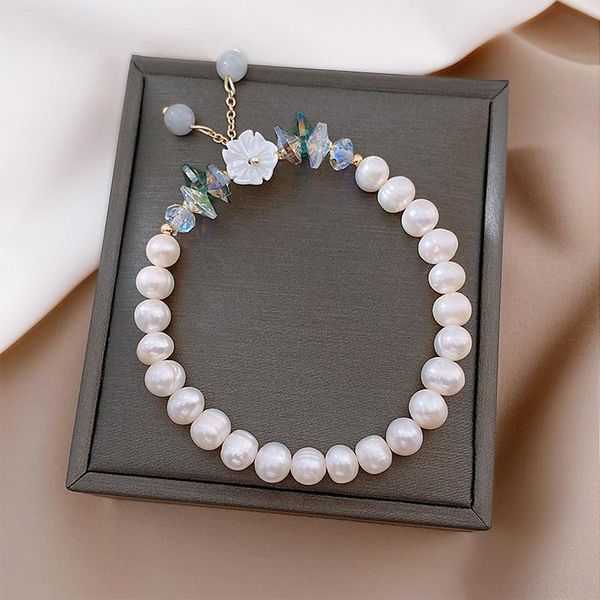 

charm bracelets sweet genuine freshwater pearl beads strand bracelet for women trendy white shell flowers wedding jewelry, Golden;silver