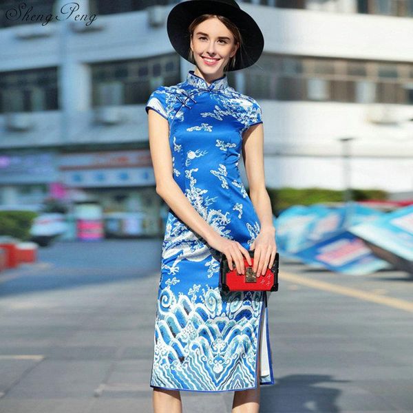 

2021 new arrival blue chinese female qipao style cheongsam women traditional silk satin dress dragon&phenix v745, Red