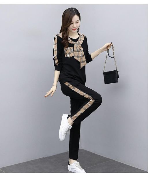 

autumn and winter new women's ladies sports suit fashion plaid leisure sports two-piece running suit, Gray