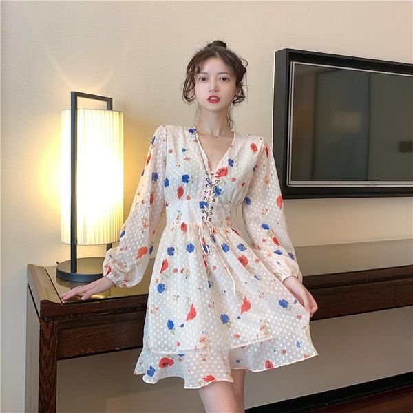 

casual dresses flower print vestidos spring autumn slim full sleeve sweet beauty knee dress tie rope korean style fashion women's cloth, Black;gray