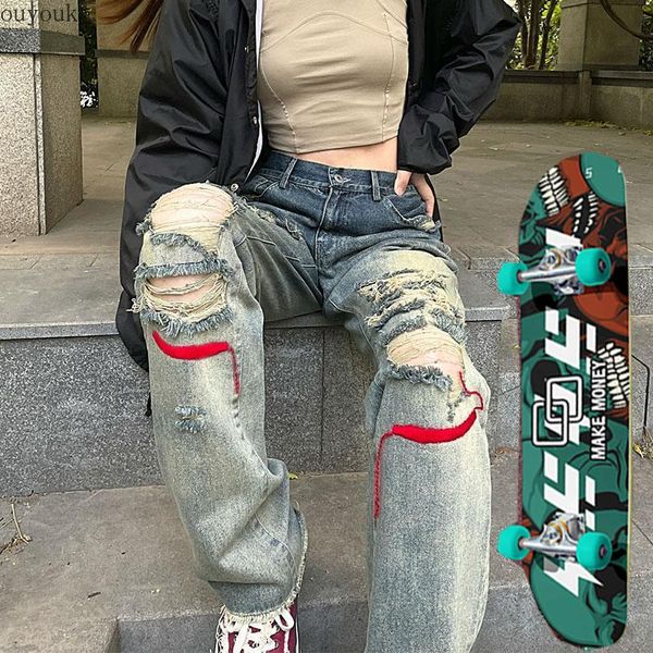 

men's jeans spring and autumn women's hip hop pants skateboard y2k loose perforated troupe, Blue