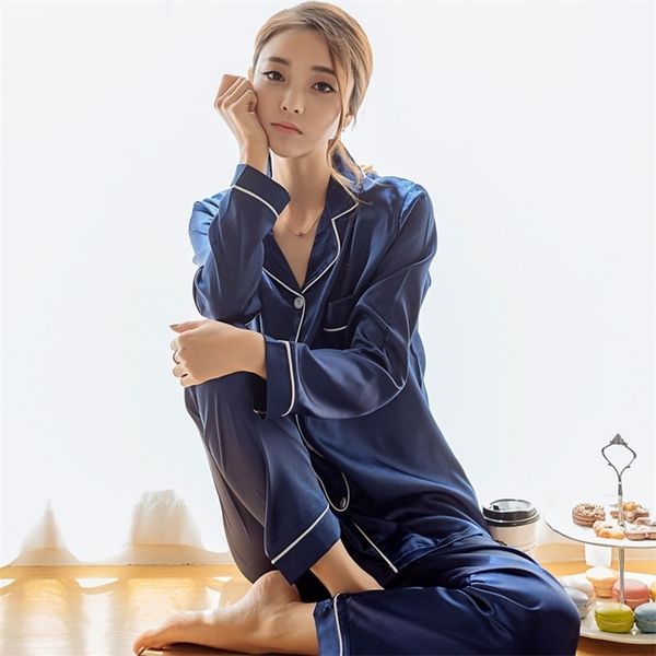 

women's pajamas summer sleep silk for satin set sleepwear sets 2 pieces long sleeve women's home wear nightie clothes 211112, Black;red