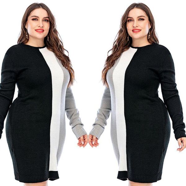 

casual dresses womens plus size long sleeve midi sweater dress o-neck triple color block vertical striped knitted slim jumper drop, Black;gray