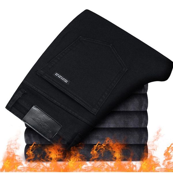 

men's jeans men fashion winter black color slim fit stretch thick velvet pants warm casual fleece trousers male, Blue