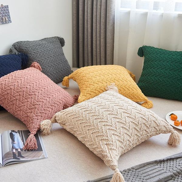 

cushion/decorative pillow ins nordic wool knitted tassel hug pillowcase 50*50cm cushion bedroom living room sofa soft throw