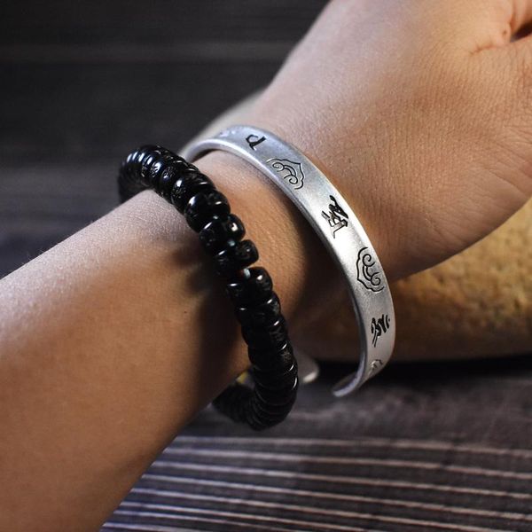

bangle tibetan handmade brass carved six words mantra amulet bracelets for men women om mani padme hum jewelry, Black