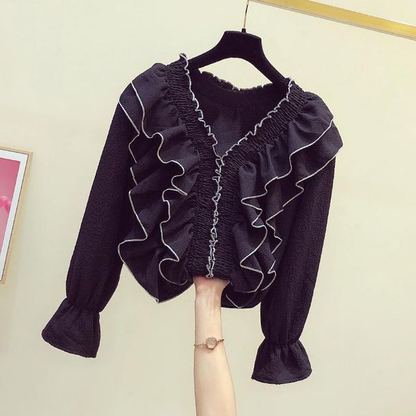 

elegant v-neck flounce bell sleeve loose shirt female 2021 autumn new wooden ear ruffles black blouse woman shirts girls blusas, White