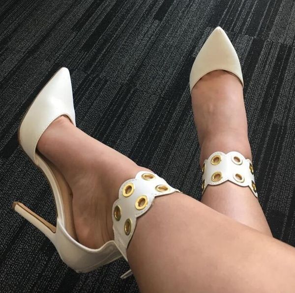 

dress shoes women orange white color cuts out ankle pointed toe metal circle decoration thin heels zipper back party pumps lady, Black