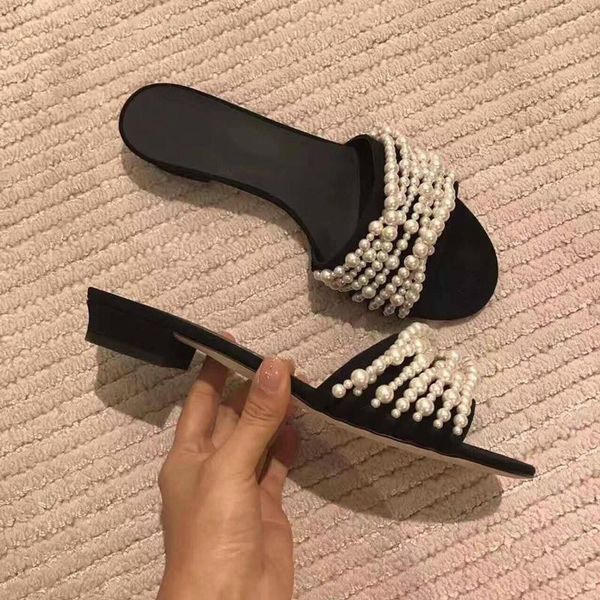 

slippers comfortable string bead women sandals summer shoes flat pearl casual 2021 luxury designed, Black