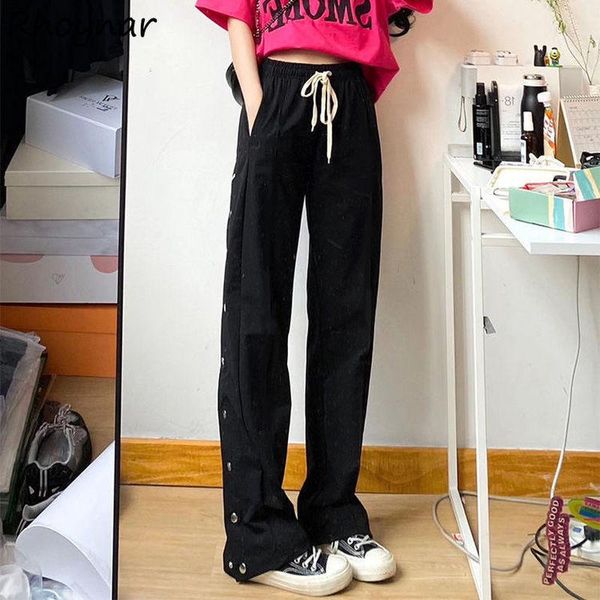 

women's pants & capris women streetwear full length fashion high waist harajuku wide leg button ulzzang girlish party club college autu, Black;white