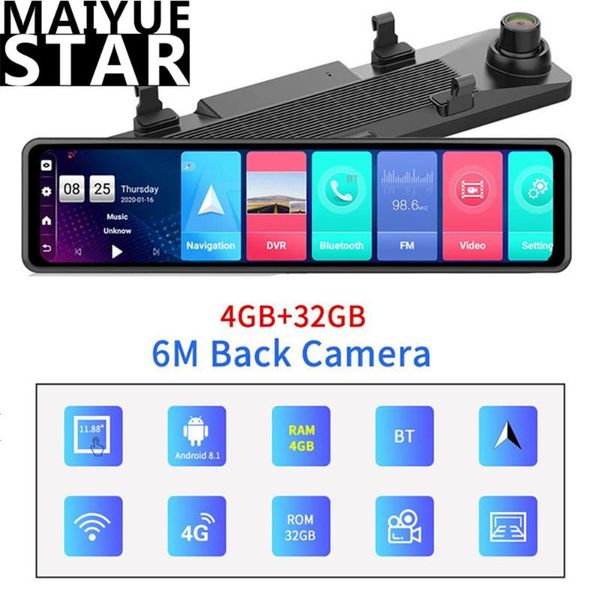 

car video 12 inch dvr 4g android 8.1 dash cam 4gb+32gb rearview mirror 1080p automatic recorder wifi gps navigation