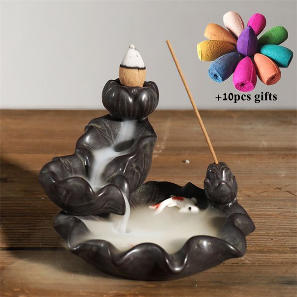 

ceramic lotus pond crap fish backflow incense burner incense stick holder waterfall aroma censer home decor + 10pcs cones