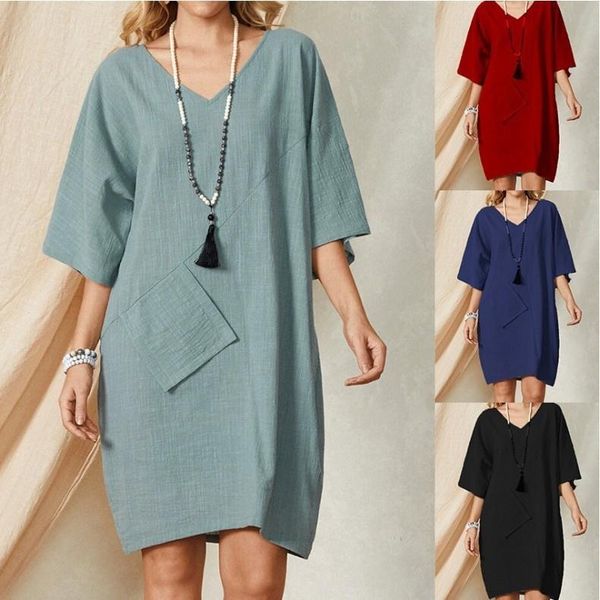 

party dresses v-neck medium sleeve pocket cotton linen solid casual large dress 8897, White;black