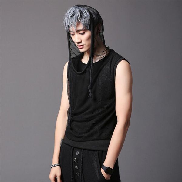 

men fashion hollow out mesh patchwork tank casual vest hip hop punk hooded shirts night club stage costume, White;black