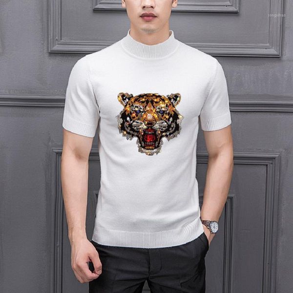 

men's sweaters all-match four seasons sweater comfortable fabric knitted t-shirt spring cashmere short-sleeved diamond shiny tiger, White;black