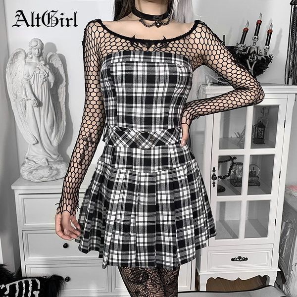 

casual dresses altgirl fairy grunge gothic dress women vintage y2k plaid high waist with belt strapless mall goth aesthetic, Black;gray