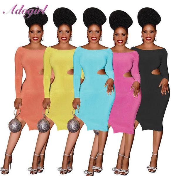 

casual dresses solid off shoulder long sleeve split on midi dress women 2021 hollow out backless party club outfit vestidos, Black;gray