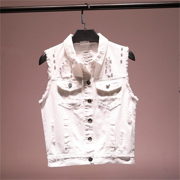 

women's vests fashion spring autumn broken hole denim vest women rivet diamond wild student short jeans waistcoat slim basic coat, Black;white