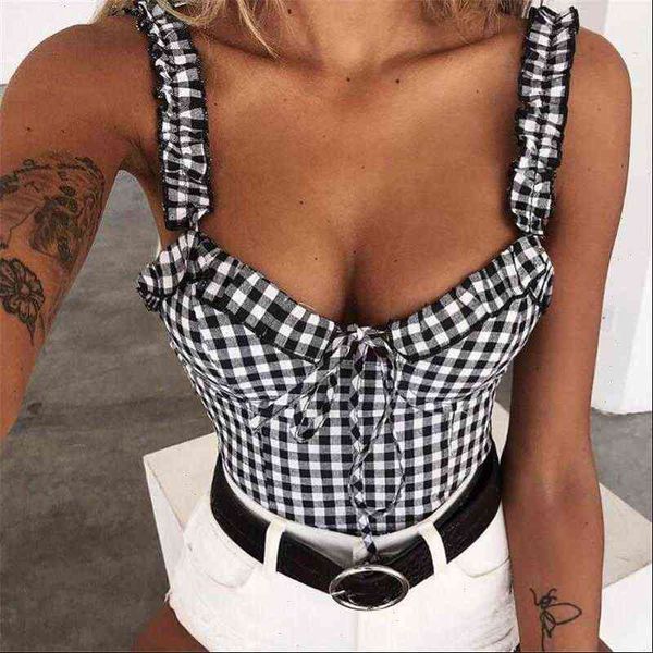 

fashion plaid women shirt crop ruffle sleeveless and casual female, White