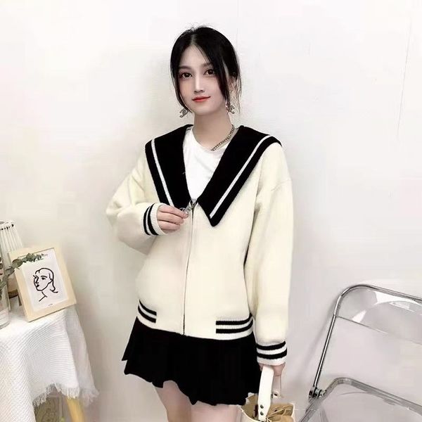 

women's sweater new navy collar color matching zipper cardigan casual jacket knitted jacket #c, White;black