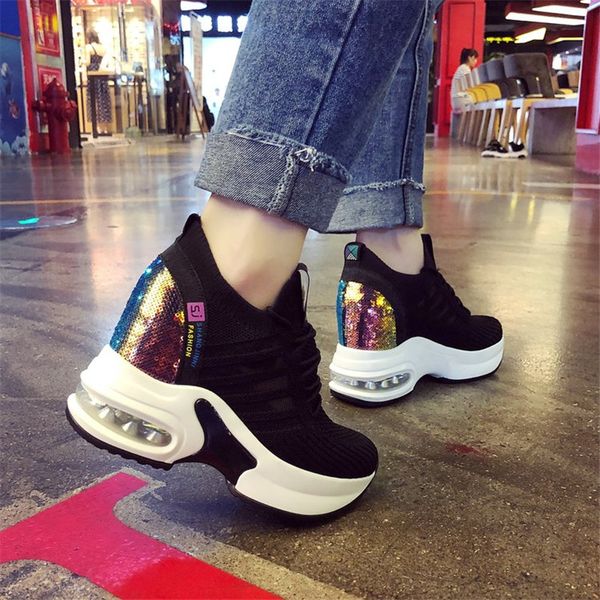 

knitted elastic mesh bling sneakers women 2019 spring autumn shoes women fashion colorful sequined lace-up platform sneakers, Black