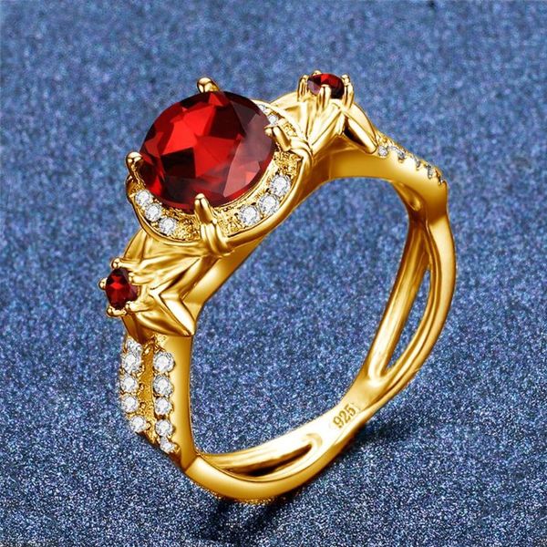 

cluster rings 14k gold for women real silver 925 boho exquisite flower carve garnet with diamond gemstone fine jewelry accessories, Golden;silver