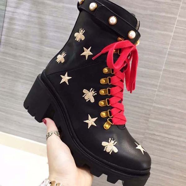 

womens designer boots martin booties black embroidered leather ankle boot embellished crystal sports and leisure rubber grooved sole red sho