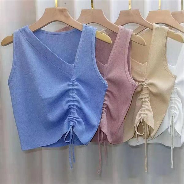 

stretchable knit skew collar womens cami crop summer solid draw string camisole tank shirt for female, White