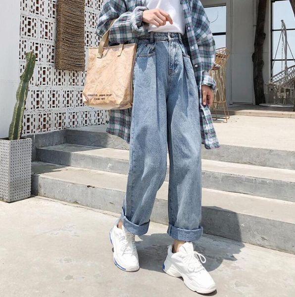 

women's jeans 2021 bleached casual boyfriend denim wide leg pants oversize high waist streetwear loose vintage woman long p2415, Blue