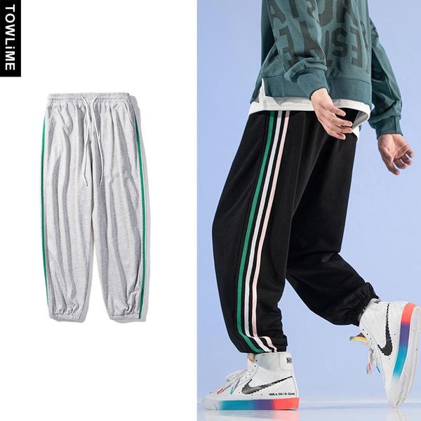 

men's pants 2021 autumn men hip hop side striped printed man's elastic waist loose style joggers trousers running sweatpants, Black