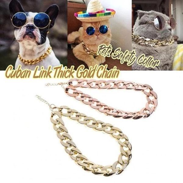

dog collars & leashes 2021 cuban link thick golden chain cat pets safety collar stainless steel pet gold 36/45cm dogs accessories