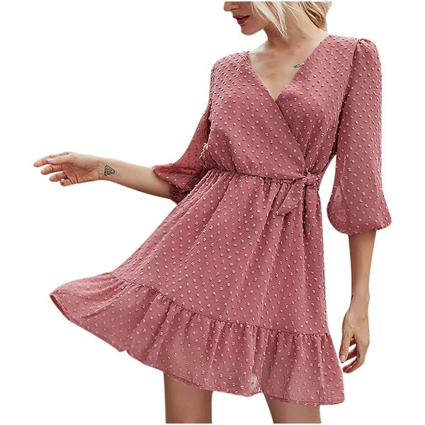 

2021 new women dresses sashes office lady elegant spring autumn printing v-neck casual fashion half sleeve draped splicing mini vestido, Black;gray