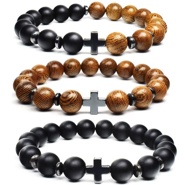 Holzperlen Matte schwarz Stein Männer Armband mit Kreuz Charm Rosenkranz Religiösen Schmuck Geschenk