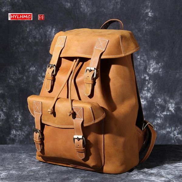 

backpack genuine leather men's 15.6 inch lapbag large capacity travel backpacks retro original crazy horse male bags