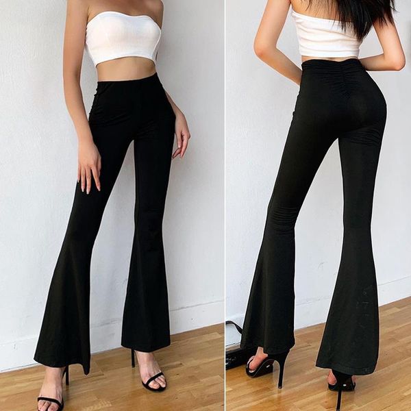 

women elegant office ladies elastic waist flare hem pants black, Black;white