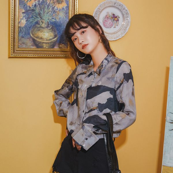 

2021 new fall women long sleeve blouse colorblock print button up collar shirt autumn designer clothing fashionable scag, White