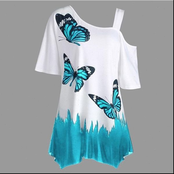 

summer blouses women butterfly printed tee one shoulder irregular female plus size loose tee streetwear, White