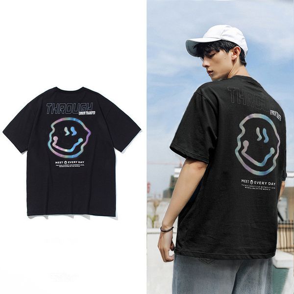 

3-color men's 2020 jessie li new reflective smiling face t-shirt men's loose crew neck personalized printed short sleeve t-shirt, White;black