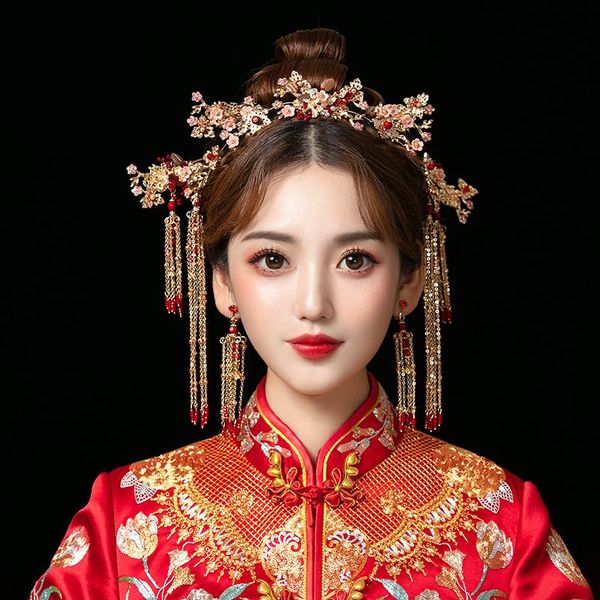 Kopfschmuck im chinesischen Stil, Braut, Hochzeit, Tiara und Phönix-Krone mit Ohrentropfen, Vintage-Kostüm, Haarschmuck, Blumen-Stirnbänder