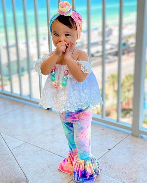 

kids clothing sets girls outfits baby clothes children wear summer suit lace blouses flared trousers 2pcs b7494, White
