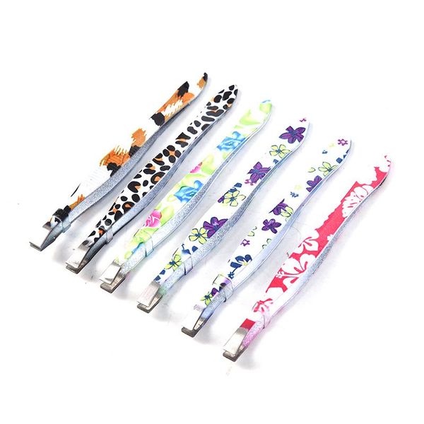 

eyebrow tools & stencils 1pcs tweezer hair beauty slanted puller flower printed stainless steel eye brow clips removal makeup tool