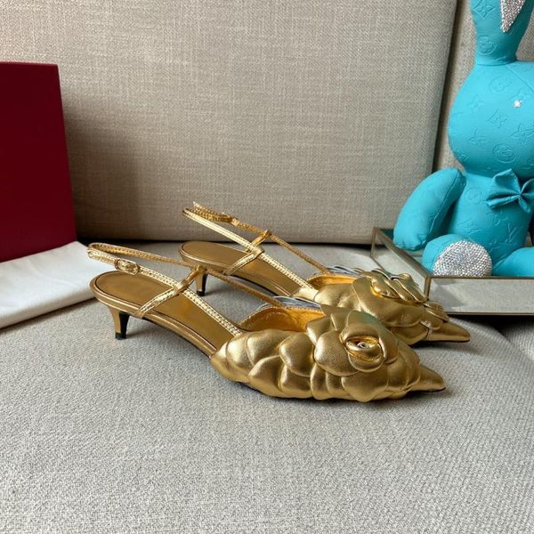 

sandals women summer genuine leather low heels sandalias pointed toe flower slingbacks buckle strap designer shoes size35-43, Black